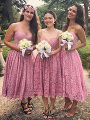 Short Lace Dusty Rose Bridesmaid Dresses Spaghetti Strap Sleeveless MyChicDress