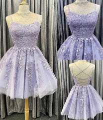 Short Lilac Prom Dresses Lace Homecoming Dresses Purple Applique MyChicDress