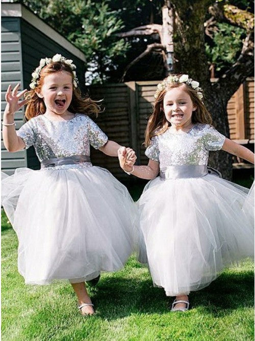 Short Sleeves Tea Length Sequin Tulle Silver Flower Girl Dresses MyChicDress