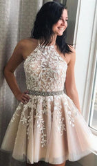 Short ivory Halter Homecoming Dresses Lace A Line Mini Prom Dresses MyChicDress