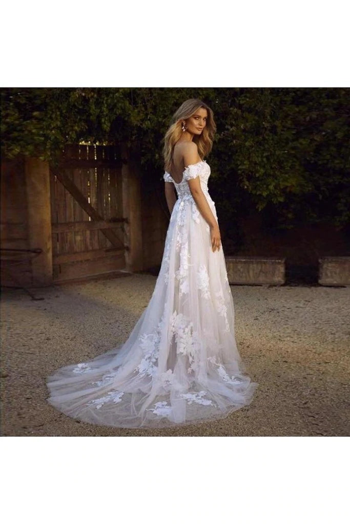 Simple A Line Beach Wedding Dresses White Tulle Off Shoulder Bridal Gown MyChicDress