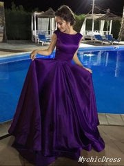 Simple A Line Purple Prom Dresses Satin Cap Sleeves Long Eveing Dresses MyChicDress