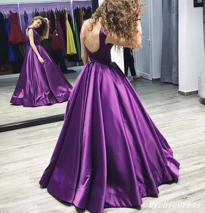 Simple A Line Purple Prom Dresses Satin Cap Sleeves Long Eveing Dresses MyChicDress