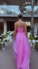 Simple A Line Tulle Ruffle Pink Prom Dresses Strapless Modest Formal Evening Dresses MyChicDress