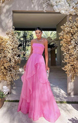 Simple A Line Tulle Ruffle Pink Prom Dresses Strapless Modest Formal Evening Dresses MyChicDress