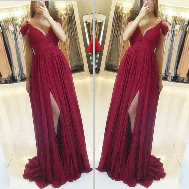 Simple A-line Off-the-Shoulder Chiffon Burgundy Prom Dresses - MyChicDress