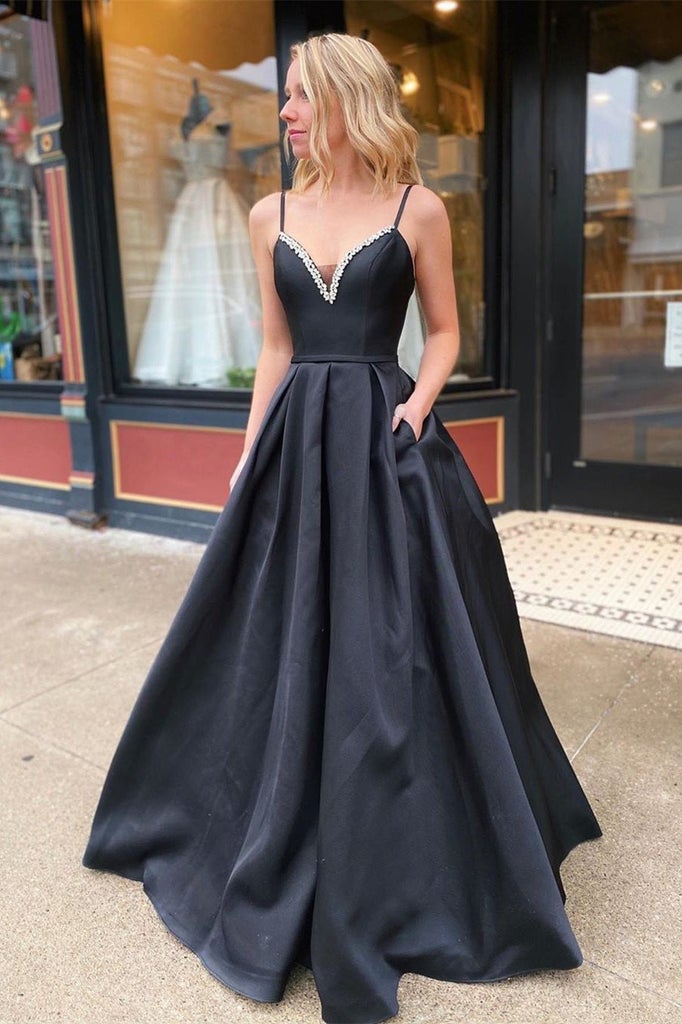 Simple Black Satin Prom Dresses V Neck Spaghetti Straps Long Evening Gowns MyChicDress