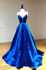 Simple Blue Satin Prom Dresses Long V Neck Evening Dresses with Split MyChicDress