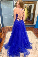 Simple Blue Tulle Prom Dresses V Neck Long Spaghetti Straps Evening Dress MyChicDress