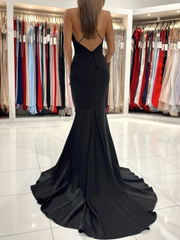 Simple Cheap Black Evening Dresses Mermaid V Neck Satin Prom Dress MyChicDress