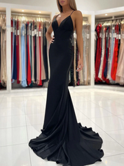 Simple Cheap Black Evening Dresses Mermaid V Neck Satin Prom Dress MyChicDress