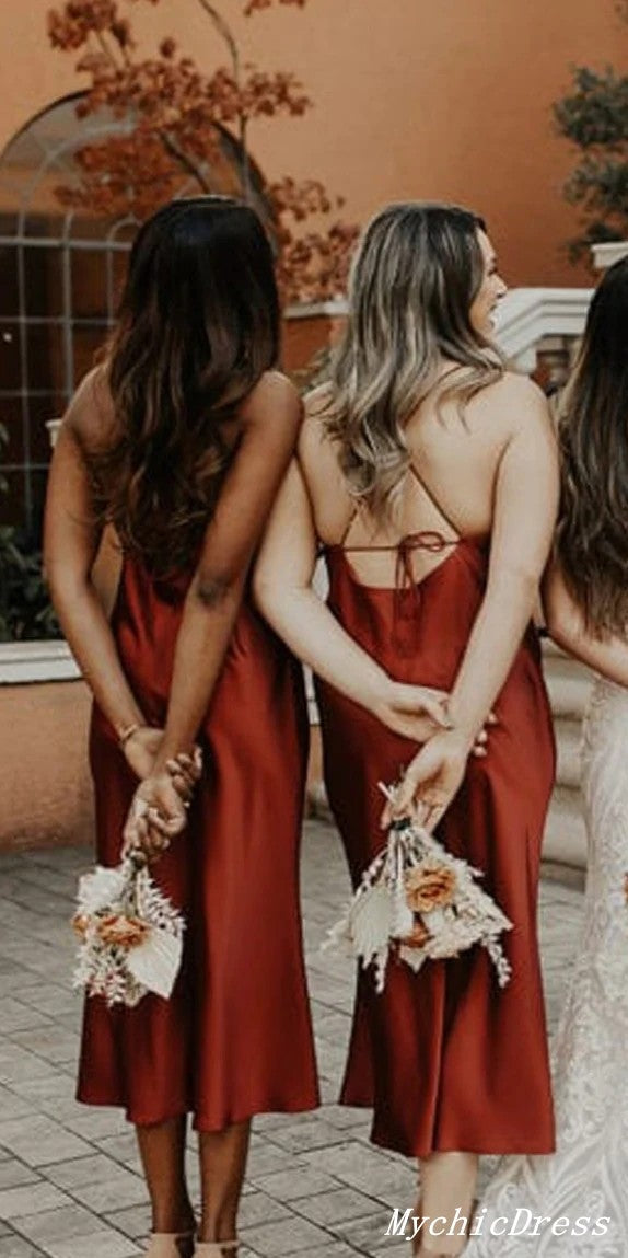 Simple Cheap Rust Bridesmaid Dresses UK Midi Wedding Guest Dresses MyChicDress