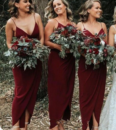 Simple Chiffon V Neck Spaghetti Strap Burgundy Bridesmaid Dresses MyChicDress