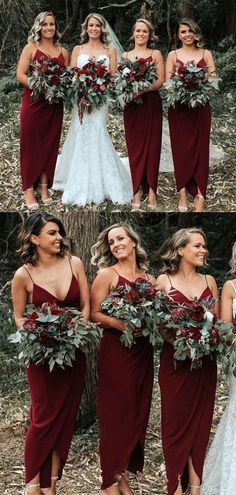 Simple Chiffon V Neck Spaghetti Strap Burgundy Bridesmaid Dresses MyChicDress