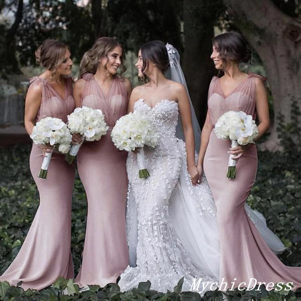 Simple Dusty Pink Wedding Guest Dress Boho Bridesmaid Dresses Tulle Straps MyChicDress