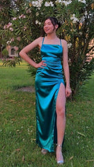 Simple Emerald Prom Dresses Green Classic Long Wedding Guest Dress Hight Split MyChicDress