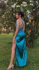 Simple Emerald Prom Dresses Green Classic Long Wedding Guest Dress Hight Split MyChicDress