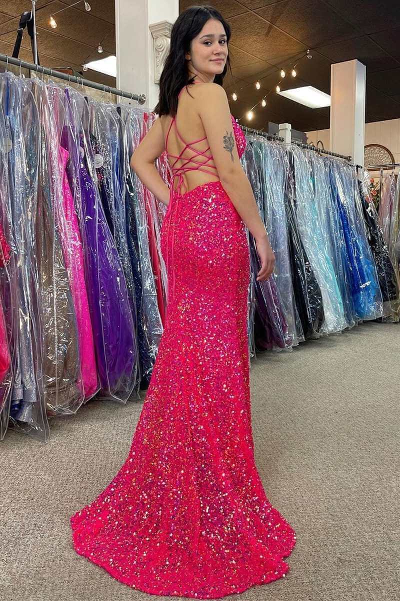 Simple Fuchsia Sequin Prom Dresses Long Gruaduation Dress UK MyChicDress