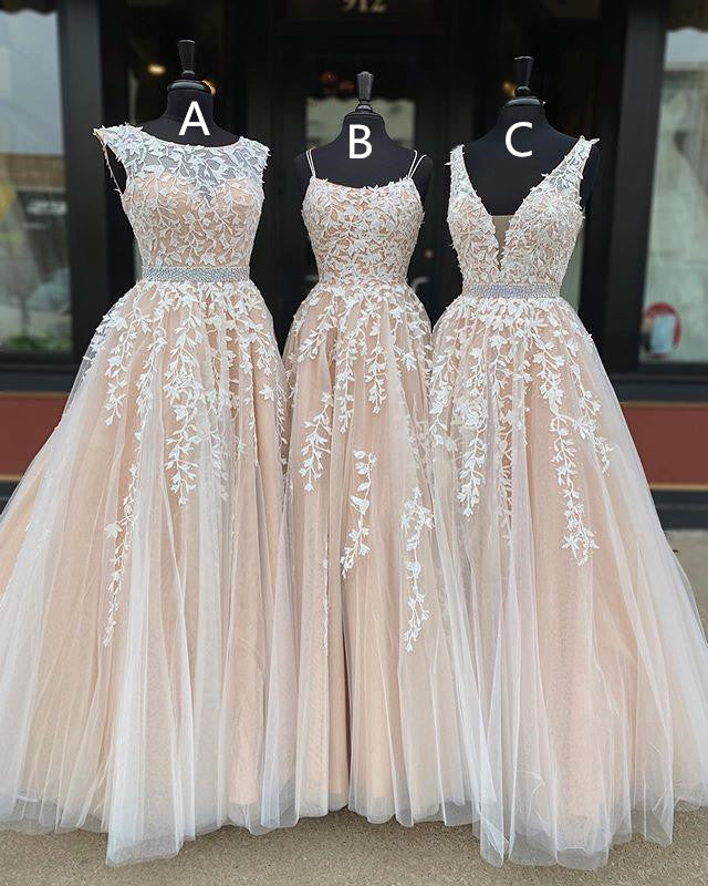 Simple Long Beaded Lace Tulle Prom Dresses Open Back MyChicDress