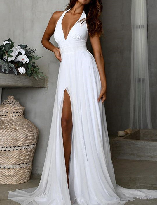 Simple Long Chiffon White Beach Minimalist Wedding Dresses Summer Maxi Dresses - MyChicDress