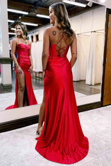 Simple Long Satin Formal Wear Red Straps Sheath Evening Prom Dresses MyChicDress