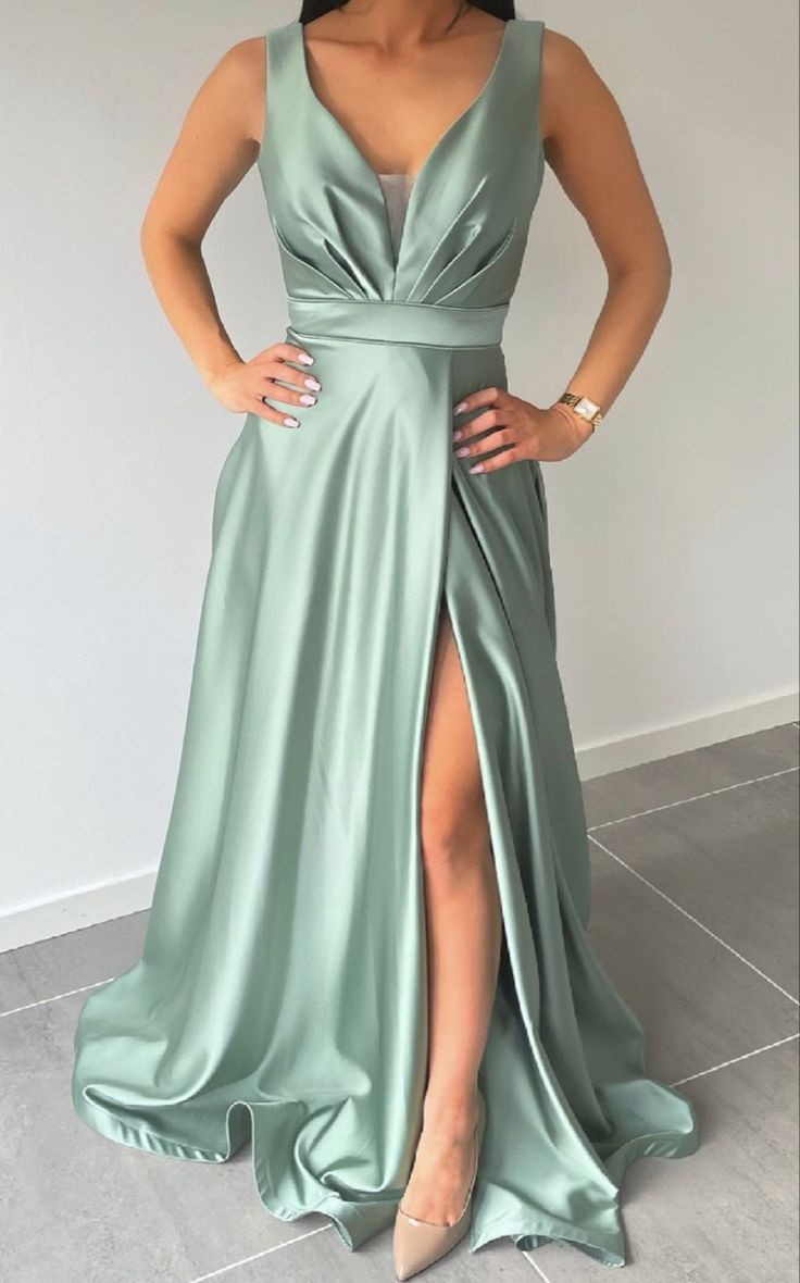 Simple Long Satin Sage Green Wedding Guest dresses Sleeeless with Spllit MyChicDress