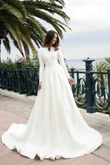 Simple Long Sleeves Ivory Satin Wedding Dresses V Neck Back MyChicDress