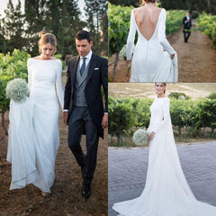 Simple Long Sleeves White Beach Wedding Dresses Low Back MyChicDress