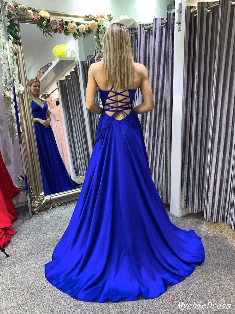 Simple Long UK Prom Dresses Blue V Neck Chiffon Evening Dresses Cheap MyChicDress