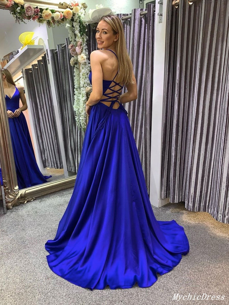 Simple Long UK Prom Dresses Blue V Neck Chiffon Evening Dresses Cheap MyChicDress