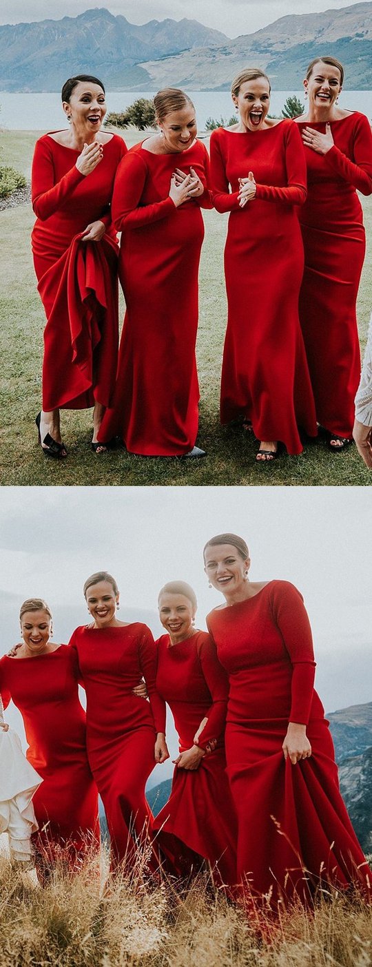 Simple Mermaid Long Red Bridesmaid Dresses with Sleeve MyChicDress