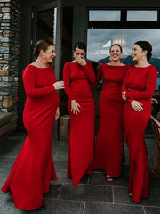 Simple Mermaid Long Red Bridesmaid Dresses with Sleeve MyChicDress