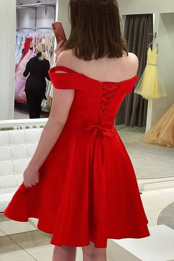 Simple Off the Shoulder Red Homecoming Dress Short Satin Hoco Dress MyChicDress