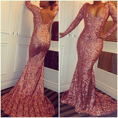 Simple Pink Sequin Prom Dresses Sexy Long-Sleeves Mermaid Dress - MyChicDress