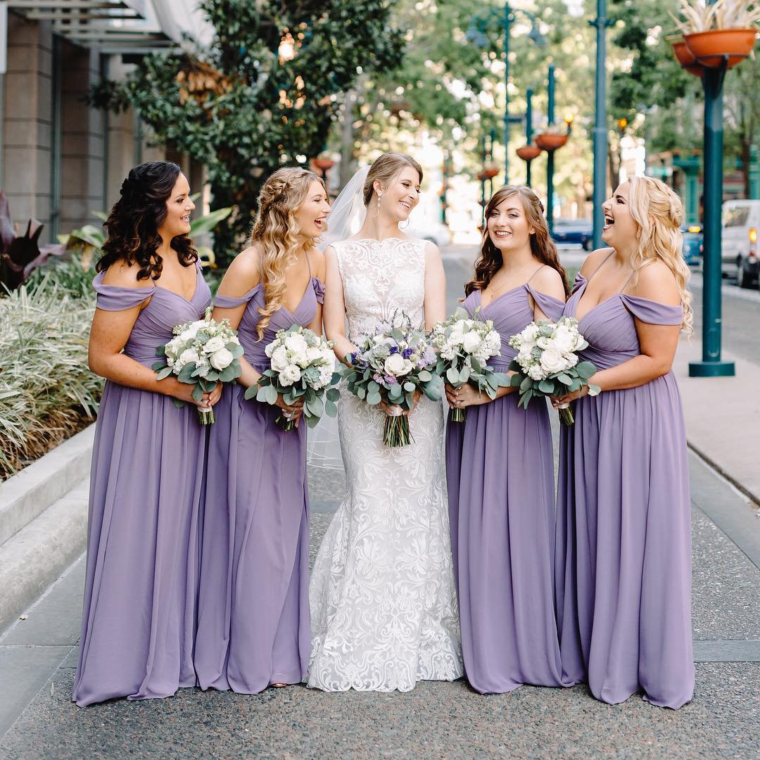 Simple Purple Chiffon Long Bridesmaid Dresses Off the Shoulder MyChicDress