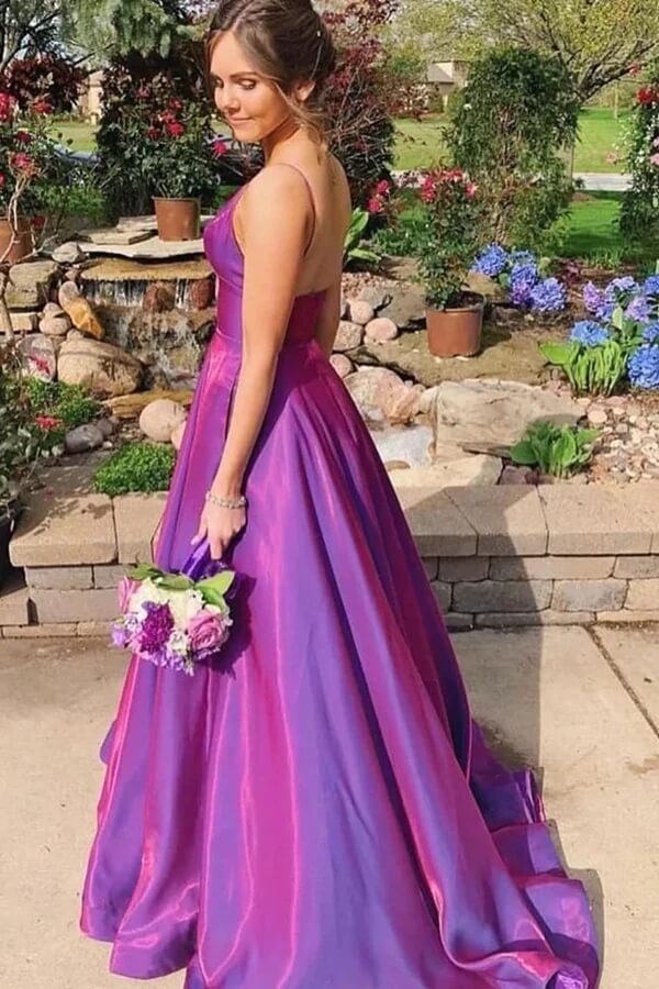 Simple Purple Prom Dresses Satin V Neck Spaghetti Straps Formal Dress MyChicDress