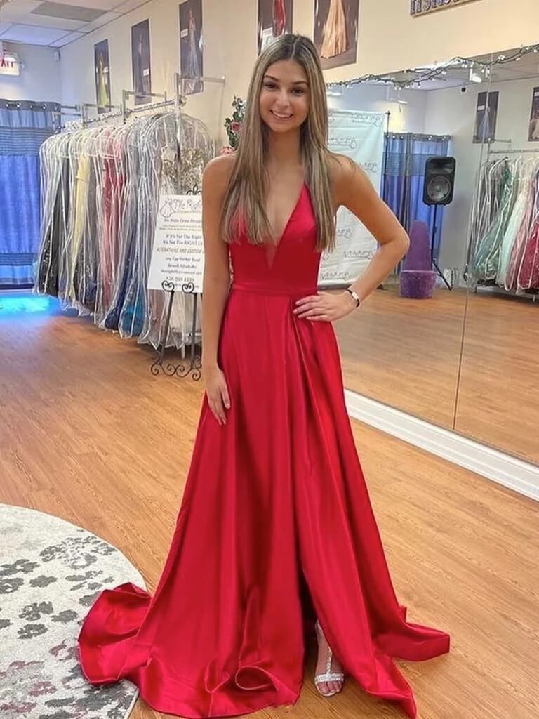 Simple Red Satin Prom Dresses V Neck Backless Long Formal Dress with High Slit MyChicDress