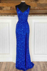 Simple Royal Blue Glitters Prom Dresses Long High Slit Party Formal Dress Lace-Up MyChicDress