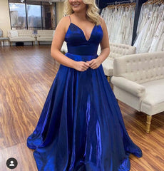 Simple Royal Blue Prom Dresses Plus Size A-Line Satin V-Neck Long Evening Dresses MyChicDress