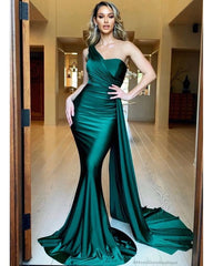 Simple Satin Green Prom Dresses Mermaid One Shoulder Evening Dress MyChicDress