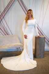 Simple Satin Long Sleeves Wedding Dresses Spring Ivory Bridal Gown MyChicDress