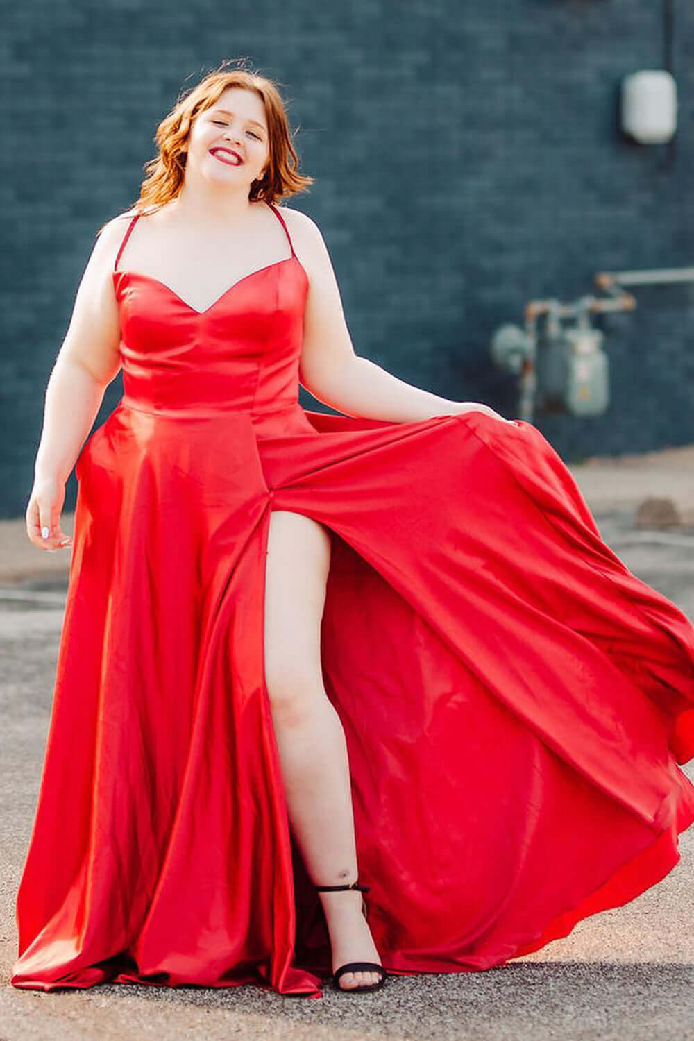 Simple Satin Plus Size Red Prom Dresses UK Long Spaghetti Straps with Pockets MyChicDress