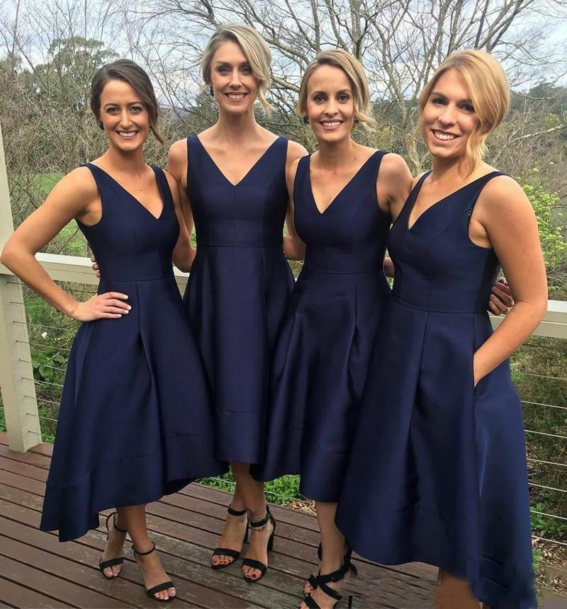 Simple Satin V Neck Navy Blue Short Bridesmaid Dresses with Pockets - MyChicDress