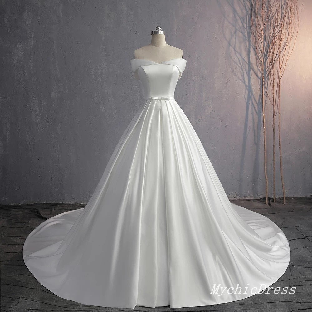 Simple Satin Wedding Dress Off the Shoulder Bridal Gown MyChicDress