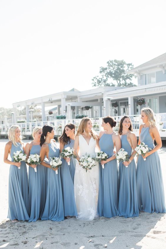 Simple Sheath Ruffles Long Dusty Blue Bridesmaid Dresses under 100 MyChicDress