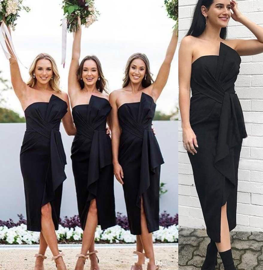 Simple Tea Length Black Bridesmaid Dresses Sleeveless MyChicDress