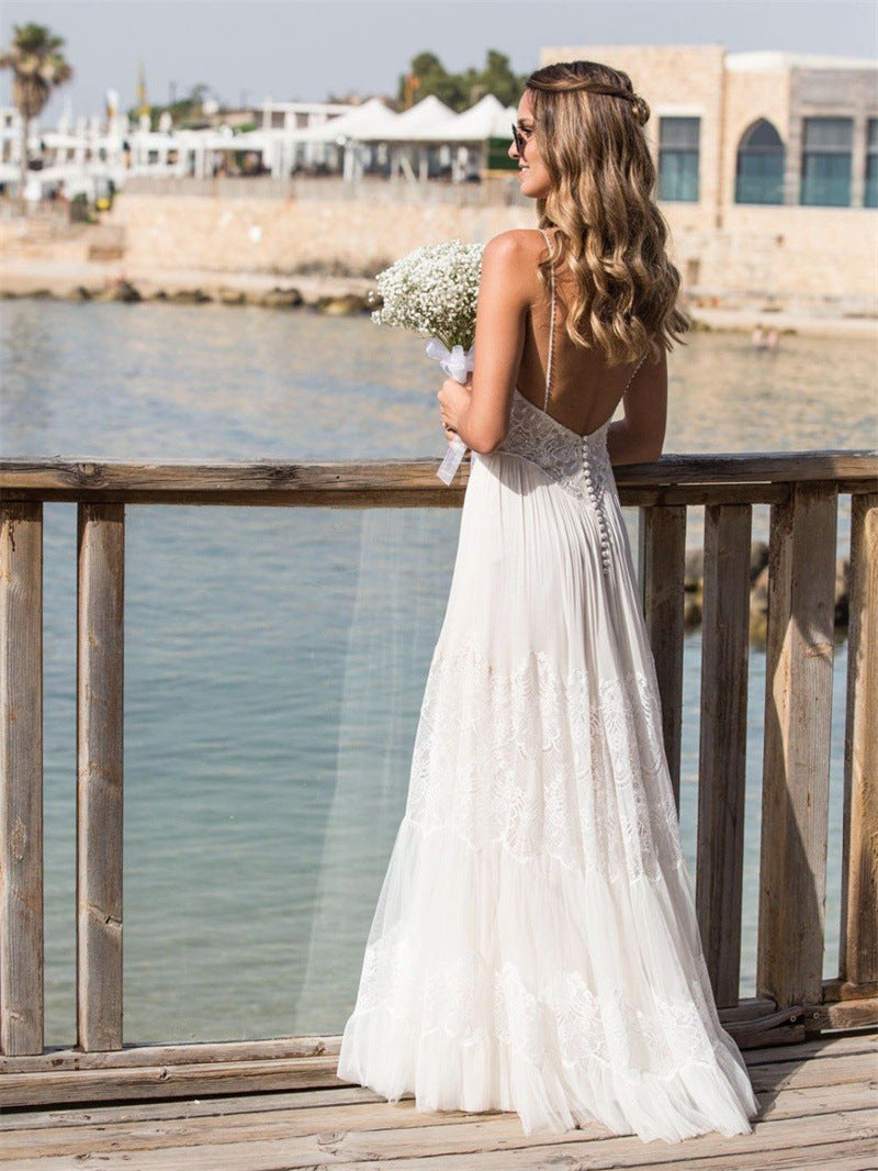 Simple UK Beach Wedding Dresses Lace Sheath V Neck Bridal Gowns MyChicDress