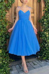 Simple V Neck Blue Tulle Prom Dress Tea Length Short Wedding Guest Dresses MyChicDress