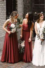 Simple V Neck Chiffon Rust Bridesmaid Dresses Fall Open Back MyChicDress