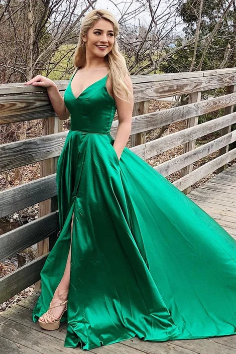 Simple V Neck Green Long Prom Dresses Emerald Summer Maxi Dress MyChicDress